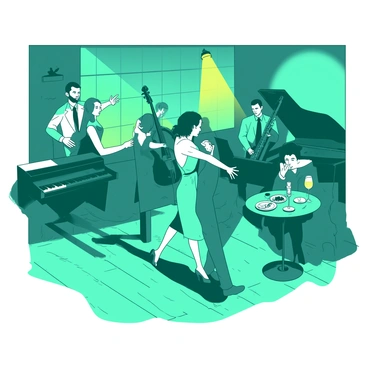 A teal jazz club is filled with warm, yellow dim lights creating an inviting atmosphere. A live band is performing on a small stage at the front, with musicians playing a saxophone, a double bass, and a piano. In front of the stage, couples are dancing closely on the polished wooden floor, their shadows flickering against the walls. The dancers are enjoying themselves, some dressed in elegant attire, while others wear more casual outfits. Tables are scattered around the room, with drinks and plates of snacks resting on them, contributing to the lively ambiance of the club.