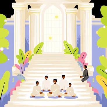 A grand temple with tall, ornate columns and a wide staircase leading up to the entrance. The temple is surrounded by lush greenery and colorful flowering plants. Inside, faintly glowing orbs hover in the air, representing the spirits. The atmosphere is tranquil, with gentle beams of light filtering through stained-glass windows. Groups of ethereal spirits are depicted sitting cross-legged on soft, plush cushions, their expressions calm as they meditate. The floors are adorned with intricate patterns, and the walls are lined with serene murals depicting peaceful scenes of nature.