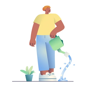 A person with medium skin and short brown hair is standing on a patio, holding a green watering can. The watering can is tilted, and water is pouring out, creating a stream that splashes onto the person's shoes, which are white sneakers. The person is wearing light blue jeans and a yellow t-shirt. A small potted plant with green leaves is on the ground beside them, and droplets of water are visibly running off the plant’s leaves. Sunlight casts soft shadows on the ground, highlighting the scene.