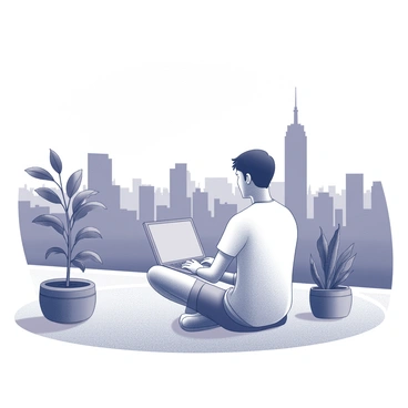 A person sitting cross-legged on a rooftop, working intently on a laptop. The individual is dressed casually, with a light shirt and shorts. Surrounding them are various potted plants, adding a touch of greenery to the urban setting. In the background, a sprawling city skyline is visible, featuring tall buildings, skyscrapers, and a clear sky above. The scene captures the essence of urban life and modern remote work.