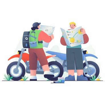 Two motorcyclists are standing beside their bikes in a rugged outdoor setting, preparing for an off-road adventure. One motorcyclist has dark hair and is wearing a black helmet with a visor lifted. They are adjusting a green and grey backpack equipped with various straps and pockets. The second motorcyclist, with short blonde hair, is reviewing a large folded map, which features detailed terrain markings and route highlights. A red motorcycle is parked to the left, and a blue motorcycle is to the right, both featuring dirt splatters. Nearby, a pair of gloves and a water bottle rest on the ground, ready for the journey ahead. The background shows a mix of rocky terrain and sparse vegetation, hinting at the challenges that lie ahead.