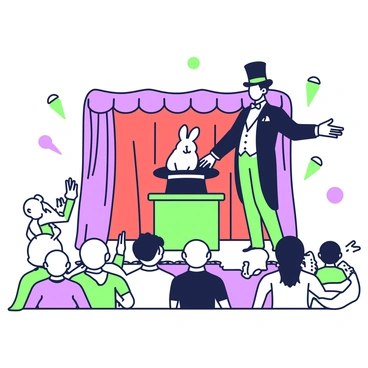 A magician stands on a small stage, wearing a classic black tuxedo and a top hat. He is in the act of pulling a rabbit out of a large, ornate black hat, the rabbit appearing fluffy and white. The magician's expression is one of focus and excitement. In front of the stage, a surprised audience watches intently, with a mix of astonishment and delight on their faces. Some audience members are clapping, while others have their hands raised in disbelief. The setting includes red velvet curtains behind the stage and a few scattered spotlight beams illuminating the scene.