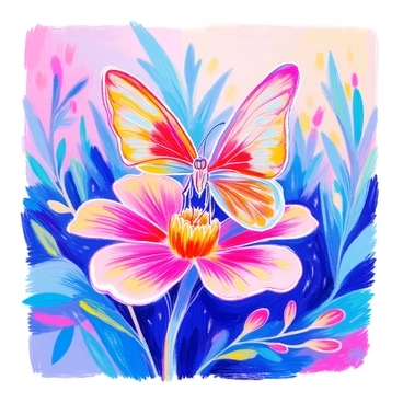 A delicate butterfly with wings resembling "flickering flames" is perched on a vibrant flower. The flower has soft petals with a rich blend of colors, complementing the butterfly's fiery wing patterns. The butterfly's body is slender and adorned with intricate details, capturing the light as it rests. Surrounding the flower are lush green leaves, enhancing the vivid colors of both the butterfly and the bloom. The scene is filled with a sense of life and color.