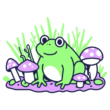 A frog is sitting among various mushrooms in a forest setting. The frog is depicted with rounded features and wide eyes, blending in with the surroundings. Around the frog, there are multiple mushrooms of different shapes and sizes, with some having prominent caps and others being smaller and more delicate. The forest floor is covered in leaves and twigs, creating a natural habitat. Tall grass and ferns can be seen in the background, adding depth to the environment. The scene is filled with intricate details, showcasing the texture of the frog's skin and the patterns on the mushroom caps.