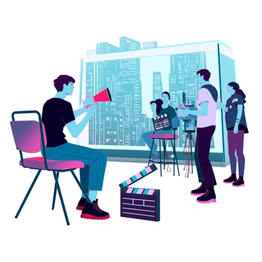 A film director with short, dark hair is sitting on a modern director's chair. They are holding a megaphone in one hand, directing a scene with focused intensity. The director is wearing a black t-shirt and jeans. In the background, crew members are adjusting lights and setting up cameras, while actors are positioned in front of a large, futuristic film backdrop that resembles a bustling cityscape. The atmosphere is dynamic, with various film equipment scattered around, including tripods and cables. A large clapperboard sits nearby, ready for the next take.