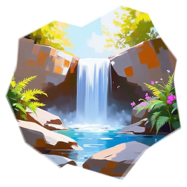 A majestic waterfall cascading down rocky cliffs into a pristine blue pool. The water flows vigorously, creating a mist that catches the sunlight. Surrounding the pool, there are smooth, wet rocks glistening in the light. Lush green foliage, including ferns and flowering plants, fills the scene, providing a vibrant contrast to the water and rocks. Small droplets of water hang in the air, adding to the lively atmosphere of the natural setting.