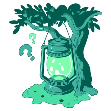 A teal enchanted lantern is glowing brightly, with intricate patterns carved on its surface. Light radiates from the lantern, casting a warm white glow that shapes into floating question marks in the air around it. The lantern is hung from a gnarled, ancient tree branch, with lush green leaves framing the scene. The ground below is covered in a soft blanket of moss, enhancing the magical atmosphere.