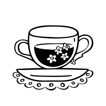 A glass teacup filled with "cornflower tea" sits on a wooden table. The teacup has a delicate handle and a transparent body, allowing the color of the tea to be seen clearly. A few "cornflower petals" float on the surface of the tea. The background features a simple lace doily under the teacup, adding a touch of elegance to the scene.
