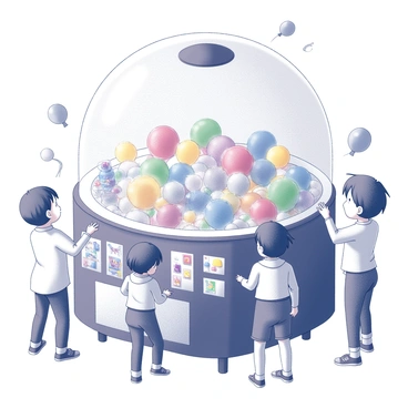 A gacha machine with a clear dome filled with capsule toys and various characters. The machine is prominently displayed in a lively, bustling environment, surrounded by children and adults eagerly watching and interacting with it. The capsules are vibrant and diverse, showcasing multiple shapes and sizes. There are small figurines, plush toys, and collectible items visible through the dome. The setting includes decorations such as balloons and streamers, adding to the cheerful atmosphere.