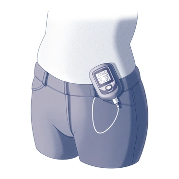 A close-up view of an insulin pump securely attached to a person's waist. The pump is small and rectangular, with a digital screen displaying various readings. It is connected to a thin tube that leads to a small infusion site on the skin. The person's waist is partially visible, showcasing the waistband of their clothing. The texture of the fabric can be seen, along with the contours of the body surrounding the pump. The background is softly blurred to emphasize the insulin pump and its connection to the individual.