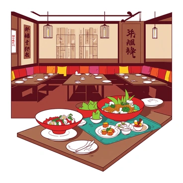 The interior of an Asian fusion restaurant features elegant wooden tables with intricate designs. There are comfortable seating areas with plush cushions in vibrant colors. On the walls, there are decorative panels showcasing traditional Asian motifs. The lighting is soft and warm, coming from stylish pendant lamps hanging from the ceiling. 

On the tables, a variety of dishes are beautifully presented. There are small white plates filled with colorful sushi rolls, a vibrant red bowl of noodles topped with green herbs, and an assortment of colorful dim sum arranged on a large teal platter. Each dish is garnished artistically, adding to the visual appeal of the dining experience.