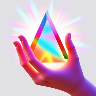A close-up of a hand holding a glass prism. The prism reflects a spectrum of colorful light, creating vivid light patterns around it. The fingers of the hand are elegantly gripping the prism, showcasing the clarity of the glass and the intricate details of the light reflections. The background is softly blurred, emphasizing the vivid colors emitted from the prism.