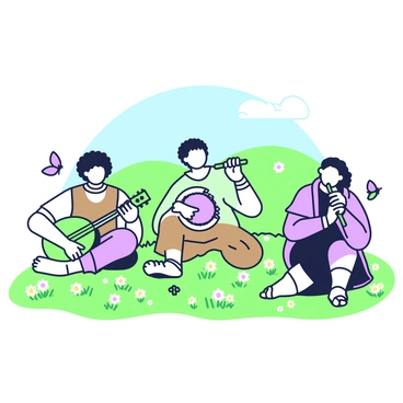 A group of three hobbits is sitting on a grassy knoll on a sunny afternoon. The first hobbit has curly hair and is playing a green lute, wearing a simple brown vest. The second hobbit is tapping a purple tambourine with a broad smile, dressed in a light green shirt and brown trousers. The third hobbit is skillfully blowing into a green flute, wearing a dark purple cloak. Surrounding them are colorful wildflowers, and a few butterflies flutter nearby, adding to the lively atmosphere. In the background, there are rolling green hills under a clear blue sky.