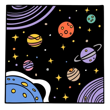 A cosmic scene featuring multiple planets of various sizes and colors, each displaying unique surface textures. Bright stars are scattered throughout the scene, twinkling in the background. The planets have detailed features such as rings and craters, and some are partially lit, showing shadows. The overall atmosphere has swirling patterns that mimic ink, adding depth and movement to the celestial backdrop.
