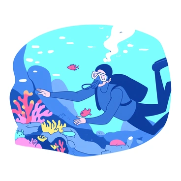 A diver in a blue wetsuit is swimming underwater, surrounded by colorful coral reefs and various fish. Bubbles are rising from the mouthpiece of the diver's breathing apparatus, creating a trail of air. The diver's hands are outstretched toward a small school of vibrant fish that are swimming nearby. The water is clear, allowing for good visibility of the diver and the marine life around them.
