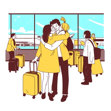 A yellow family stands together in an airport terminal, surrounded by luggage carts and travelers. The family members are embracing each other tightly, with tears of joy streaming down their faces. A young girl with pigtails is caught in a warm hug from her father, while her mother holds her close. In the background, large glass windows reveal airplanes on the tarmac, and a bright blue sky can be seen. The atmosphere is filled with smiles and laughter as other travelers pause to watch the heartfelt reunion.