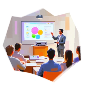 A presenter with medium skin tone stands confidently at a podium, engaging an audience while using a projector. The projector displays a colorful slide on a screen behind them, illustrating key points of the presentation. The presenter holds a remote in one hand, while the other hand gestures towards visual aids on the table beside them, which include charts and graphs. The room is filled with attentive listeners, some taking notes and others looking up at the screen.