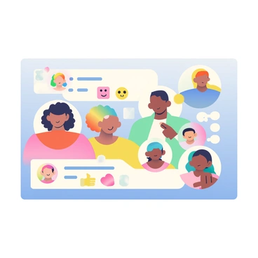 A group of diverse attendees is interacting through a digital chat interface during a webinar. Each participant is represented by a circular avatar showing different hairstyles and clothing styles. The chat box displays a lively conversation, with various colorful emojis such as thumbs up, smiley faces, and hearts appearing alongside their messages. The background of the chat interface is a soft gradient that transitions from light blue at the top to soft pink at the bottom. Some attendees have their chat bubbles highlighted to indicate they are actively participating, while others show notifications of new messages appearing in real-time.