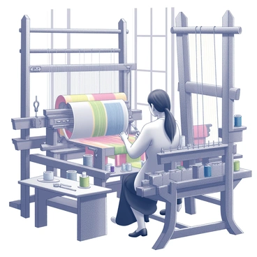 A weaver is seated at a large loom, intently focused on threading a tapestry. The loom is made of wood, showcasing intricate carvings and craftsmanship. The weaver's hands are delicately maneuvering colorful threads, positioning them precisely into the loom's structure. Around the weaver, various spools of thread are organized neatly on shelves, displaying a range of hues. Tools for weaving, such as shuttles and scissors, are within reach, laying on a wooden table next to the loom. The workshop features large windows allowing natural light to illuminate the workspace, highlighting the textures of the fabric being created.