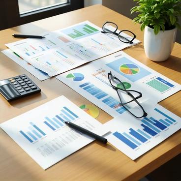 A diverse investment portfolio displayed on a wooden table. The portfolio consists of various financial documents, including colorful stock charts and graphs showcasing performance. There are also several neatly organized folders labeled with different asset categories, such as "Stocks," "Bonds," "Real Estate," and "Mutual Funds." A calculator and a pair of glasses rest beside the documents, indicating active financial analysis. Sunlight streams in from a nearby window, casting soft shadows across the table's surface.
