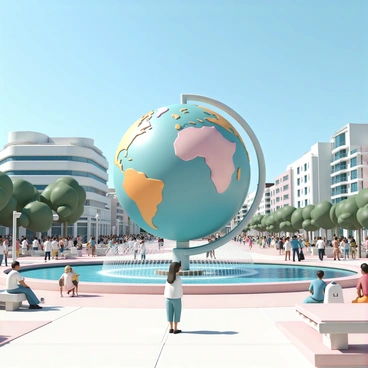 A large globe sculpture, made of polished metal, stands prominently in the middle of a bustling city plaza. The globe is detailed with continents and oceans, showcasing vibrant colors that reflect the sunlight. Surrounding the sculpture are groups of people engaged in various activities; some are taking pictures, while others are sitting on benches and chatting. The plaza is lined with trees and modern buildings in the background. A fountain nearby features water cascading down, adding to the lively atmosphere. The sky overhead is clear blue, enhancing the vibrant scene below.