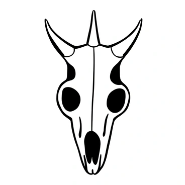 A detailed dog skull positioned in the center of the image. Sharp, metallic spikes protrude prominently from the top of the skull, creating a striking contrast against the bone structure. The skull is oriented so that the eye sockets and the contours of the jaw are clearly visible, emphasizing the intricate details of the bone. The background remains simple to highlight the skull and its unique features.