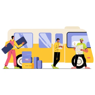A group of travelers stands beside a large, colorful bus ready for their journey. One traveler, wearing a red backpack, lifts a dark blue suitcase and places it in the bus's luggage compartment. Another traveler, dressed in a yellow jacket, is organizing several smaller bags, arranging them neatly beside the bus. A third traveler, with a green cap, is checking a travel map while leaning against the bus. The bus has a bright yellow and white design with a large window showing a friendly driver inside. The scene conveys a sense of anticipation and excitement as the travelers prepare to embark on their adventure.