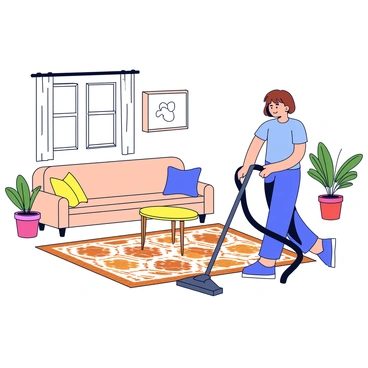A person vacuuming a patterned carpet in a cozy living room