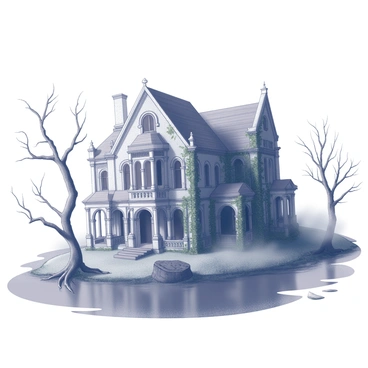 A large, crumbling mansion stands partially submerged in a murky swamp. The mansion features gothic architecture with pointed arches and intricate stonework, showing signs of decay such as cracks in the walls and ivy creeping up the sides. The roof is partially collapsed, with shingles missing and darkened wood exposed. The surrounding swamp is filled with thick, dark water, reflecting the silhouette of the mansion. Dead trees with gnarled branches loom nearby, their roots dipping into the water. Fog rolls over the surface of the swamp, adding an air of mystery to the scene.