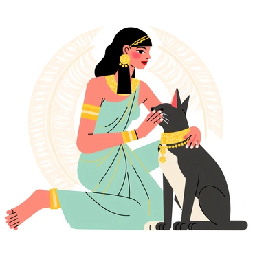 Cleopatra is depicted with long, flowing black hair and wearing a regal, intricately designed dress in shades of turquoise and gold. She is gently petting a majestic cat with a sleek, shiny coat, which is sitting comfortably beside her. The cat is adorned with ornate gold jewelry, including a collar and earrings that sparkle in the light. The background features decorative Egyptian motifs, enhancing the royal atmosphere of the scene.