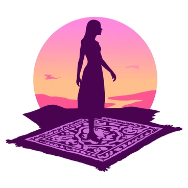 A dark silhouette of a person is standing on a large patterned tapis, with arms relaxed by their sides. The tapis features intricate designs, providing a contrast to the silhouette. The background shows a gradient of colors, transitioning from deep orange to soft pink as the sun sets. The light casts a gentle glow on the edges of the tapis, creating a subtle outline around the figure. The overall composition highlights the tranquility of the moment, with the silhouette framed by the vibrant colors behind it.