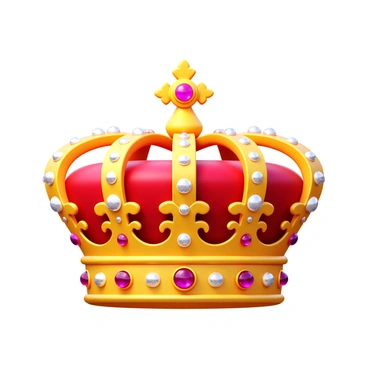 A majestic crown embellished with sparkling rubies set in gold detailing. The crown features intricate scrolling patterns and ornate filigree work. Each ruby glistens brightly, reflecting light, while the gold detailing enhances the richness of the design. The overall structure of the crown has a regal and elegant shape, suitable for royalty.