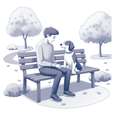 A person sitting on a bench in a park appears to be in a moment of solitude. The individual has a downcast expression, their shoulders slightly slumped. Next to them sits a rescue dog with a gentle demeanor, leaning against the person, offering companionship. The dog has a sleek coat and its eyes convey warmth and understanding. Surrounding them are lush trees and detailed park elements, such as a winding gravel path and scattered leaves on the ground. The scene captures the connection between the dog and the person, emphasizing comfort and companionship.