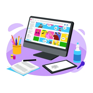 A sleek computer monitor displaying a vibrant page of a digital comic strip in the design process. The screen features colorful panels filled with dynamic characters and engaging speech bubbles. A stylus rests on a graphic tablet beside the computer, indicating ongoing creativity. The workspace is cluttered with art supplies such as colored markers and sketchpads, adding to the atmosphere of artistic endeavor. The room is softly lit, with a hint of creative chaos surrounding the setup.