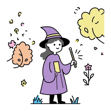 A little witch with a pointed hat and a flowing purple robe stands in a forest clearing. She is holding a wooden wand, and colorful sparks are emanating from its tip. On one side, autumn leaves in shades of orange, red, and yellow swirl around her, while on the other side, fresh green leaves and blooming flowers represent spring. The ground is covered with a mix of fallen leaves and vibrant grass, and the background features trees with a blend of autumn and spring foliage.