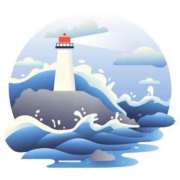 A tall, white lighthouse with a red roof is standing firmly on a rocky cliff. Huge, dark blue waves are crashing violently against its base, sending up sprays of water. The ocean is churning with foamy whitecaps, and the sky above is filled with dark storm clouds. In the distance, more waves are forming, suggesting the force of the tsunami. The lighthouse's light is illuminated, casting a beam of light into the darkened sky, while the rocks at its base are slick with seawater.