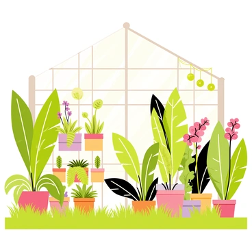 A lush greenhouse filled with a variety of rare exotic plants, each with unique shapes and vibrant colors. The scene is illuminated by bright sunlight streaming through large glass panes, creating a warm and inviting atmosphere. Tall tropical plants with wide leaves stand alongside delicate orchids in vibrant hues. Hanging ferns dangle from the ceiling, while small potted succulents are arranged neatly on shelves. The floor is covered with rich green grass, adding to the overall freshness of the setting.