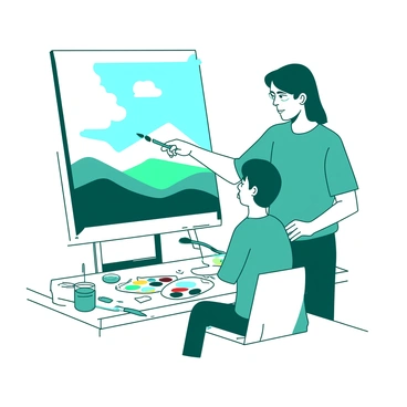A teal tutor stands beside a young student, who is sitting in front of a large white canvas. The canvas displays an unfinished landscape painting featuring rolling hills and a bright blue sky. The tutor gestures towards the canvas with a paintbrush in hand, demonstrating a technique. The student, focused and eager, holds a palette filled with vibrant colors, and their brush is poised above the canvas. There are paint tubes scattered on the table, along with a jar of water for cleaning brushes. The scene reflects a creative and collaborative atmosphere.