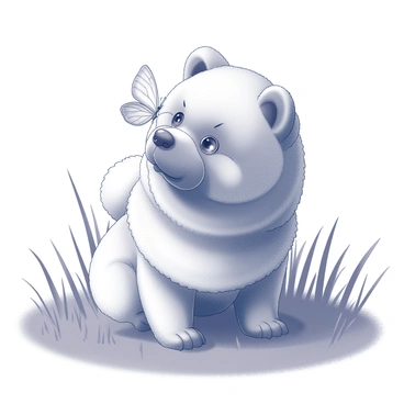 A fluffy chow chow with a dense, lion-like mane is sitting in a grassy field. Its round, curious eyes are focused intently on a delicate butterfly. The butterfly is landing gently on the chow chow's nose. The background features lush, tall grass swaying slightly in the breeze, and the scene carries a sense of tranquility as the chow chow remains still, intrigued by the butterfly's presence.