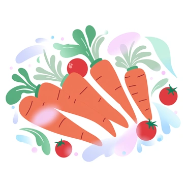 A flat lay arrangement features freshly harvested vegetables, including bright orange carrots with green tops and ripe red tomatoes. The carrots are unevenly placed, showcasing their uneven lengths, while the tomatoes are glossy and round, scattered around the carrots. Some leafy greens are interspersed among the vegetables, adding texture and a pop of vibrant color. The surface beneath the vegetables is textured, highlighting the freshness of the harvest.