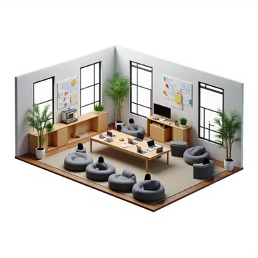 A modern office space designed for creativity and collaboration. The room features large glass windows allowing natural light to flood in, illuminating a variety of seating areas. There are comfortable bean bags and modular sofas arranged in clusters, inviting employees to gather and share ideas. A large whiteboard wall is covered with colorful markers, displaying doodles and notes from previous brainstorming sessions. In one corner, there is a coffee station with a sleek espresso machine and various snacks. Potted plants add a touch of greenery to the environment. In the center of the room, a large table is filled with laptops, notepads, and a few open books, indicating a lively brainstorming session is in progress.