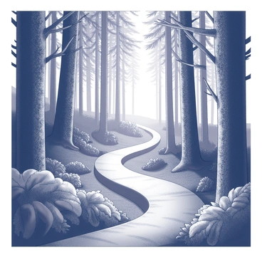 A winding path meanders through a dense forest filled with tall, slender trees with intricate bark patterns. The ground is covered with rich foliage, including large leaves and clusters of ferns. Along the sides of the path, various plants emit a soft, ethereal glow, casting light on the surroundings. Shafts of light filter through the branches overhead, illuminating the path ahead. The atmosphere is filled with a sense of mystery, as shadows dance around the trees.