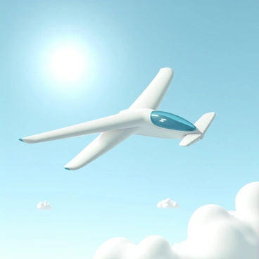 A glider with a sleek, aerodynamic design, painted in bright white and blue colors, is soaring gracefully through a clear blue sky. The wings of the glider are wide and elongated, catching the sunlight as they stretch outwards. Below, a few fluffy white clouds drift softly across the expanse of the sky, and the sun casts a gentle glow that highlights the glider's smooth contours. The scene captures the tranquility and freedom of flight against a backdrop of endless blue.