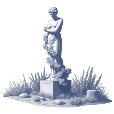 A stone statue of a figure standing upright, displaying detailed carvings and textures on its surface. The statue is partially covered with creeping blume vines that wind around its limbs and base, creating an organic contrast against the solid stone. Surrounding the statue is an old garden filled with overgrown grass and various types of foliage. There are scattered stones and patches of earth visible among the plants, adding to the sense of age and wilderness in the scene. The atmosphere is tranquil, with the statue positioned prominently among the greenery.