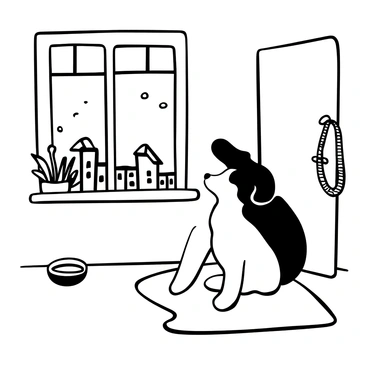 A dog with a thick fur coat sitting on a soft rug by a window. The dog is looking attentively towards the door, its body posture conveying patience and loyalty. Sunlight filters through the window, casting shadows on the floor. There is a small bowl of water nearby and a leash hanging on a hook beside the door. A few plants are on the windowsill, adding a touch of life to the scene. A faint outline of a neighborhood can be seen through the window.