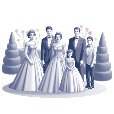 A royal family gathered in an expansive garden setting, surrounded by lush greenery and meticulously trimmed hedges. The women are wearing luxurious ball gowns adorned with intricate detailing, including delicate lace and flowing fabrics. They stand gracefully, their gowns cascading elegantly to the ground, while the men are dressed in formal attire, complete with tailored suits and accessories. Several vibrant flowers bloom in the background, enhancing the beauty of the scene. The family members are posed together, exuding an air of dignity and regality, ready for a formal portrait.