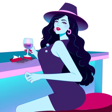 A stylish femme fatale with long, wavy black hair, wearing a black fedora tilted at a rakish angle. She has red lipstick that stands out against her pale skin, and her eyes are highlighted with smoky makeup, exuding intrigue. She is sitting at a sleek, modern bar with a polished surface, a half-full glass of dark liquor in front of her. Her outfit is a form-fitting, dark dress adorned with subtle metallic accents. The ambiance is dimly lit, with soft, glowing lights illuminating her enigmatic smile as she leans slightly forward, creating an air of allure and mystery.