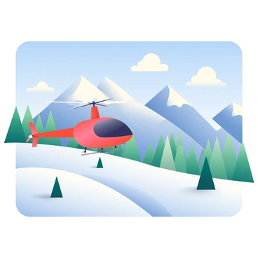 A KMAX helicopter with a bright red body and contrasting white rotor blades is flying above a vast snow-covered landscape. The ground below is blanketed in thick, glistening snow, with patches of evergreen trees visible in the distance. The sky is a clear blue, and a few fluffy white clouds drift lazily overhead. In the background, majestic mountains rise, their peaks capped with snow, contributing to the serene winter scene. The helicopter is positioned slightly to the left of the image, creating a dynamic composition as it hovers in mid-air.
