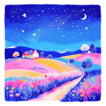 A blanket of stars fills the night sky above a quiet countryside. The stars twinkle brightly, illuminating the dark expanse. Below, rolling hills stretch out, gently undulating under the moonlight. A small farmhouse with a slanted roof is nestled among the hills, its windows glowing softly. Nearby, a winding dirt path leads through a field dotted with wildflowers, their colors muted in the nighttime. A few trees stand silhouetted against the starry sky, their branches swaying gently in the night breeze.