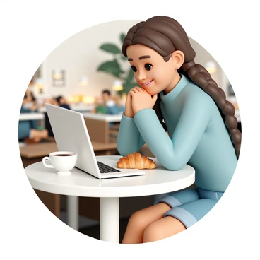 A young girl, with long brown hair styled in a braid, is sitting at a small round café table. She is wearing a light blue sweater and denim shorts. On the table, there is an open laptop, a flaky croissant, and a steaming cup of coffee. The girl is smiling as she glances at the laptop screen, with one hand resting on her chin and the other reaching for the pastry. The café has warm, inviting lighting, with a few plants in the background and other tables occupied by patrons.